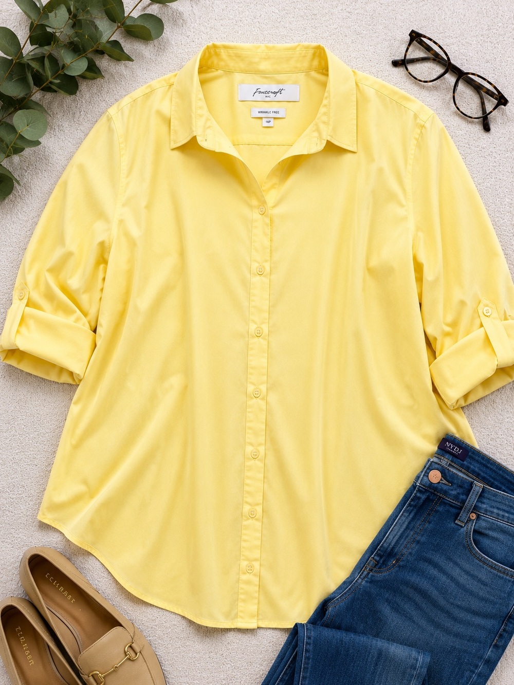 Foxcroft Wrinkle Free Yellow Button Up Blouse Coastal Preppy Office Core 16P E19